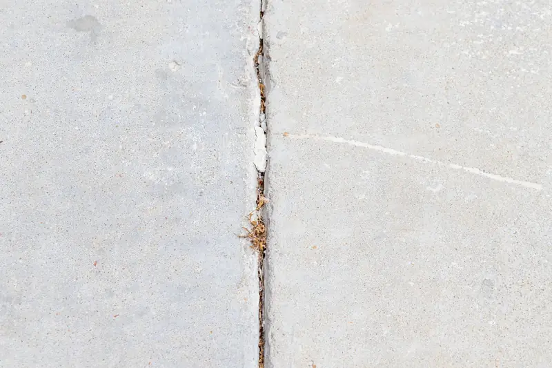 Close-up of a cracked, separating joint between two concrete slabs